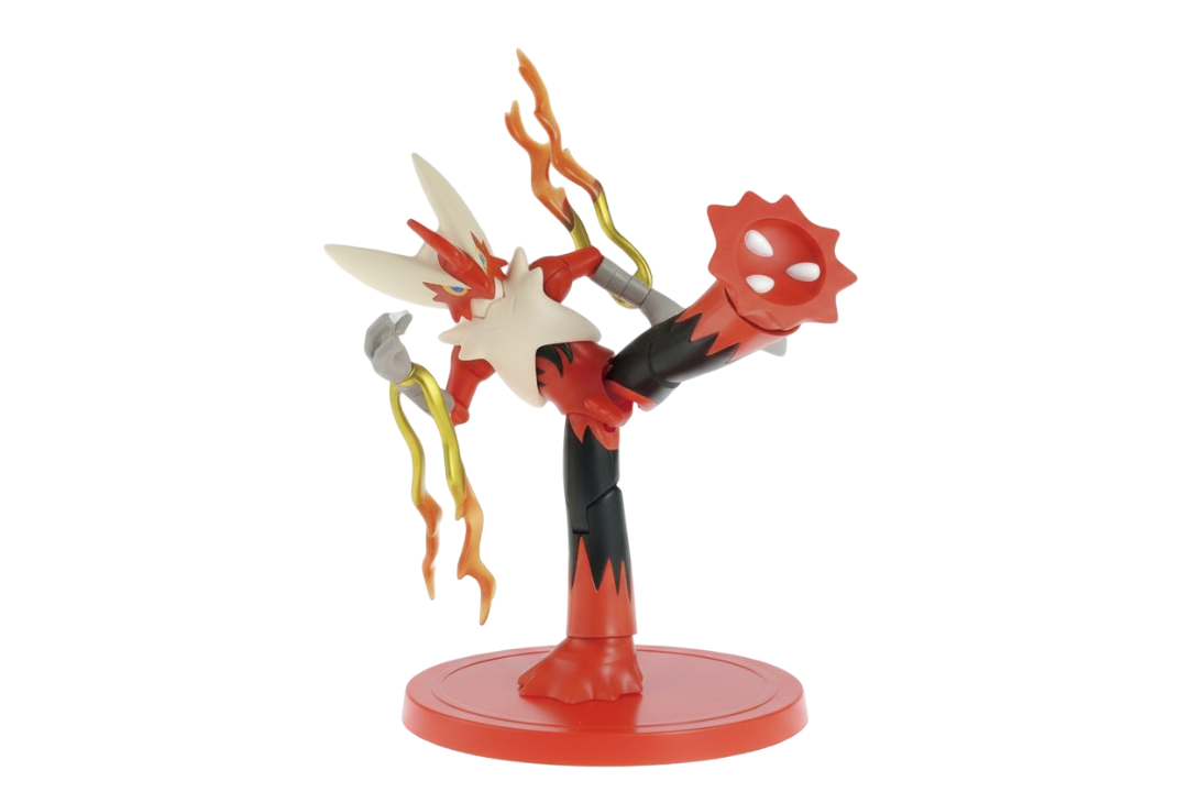 A red, black, and white Mega Blaziken model kit stands dynamically on a red base with one leg raised and fire effects on its arms
