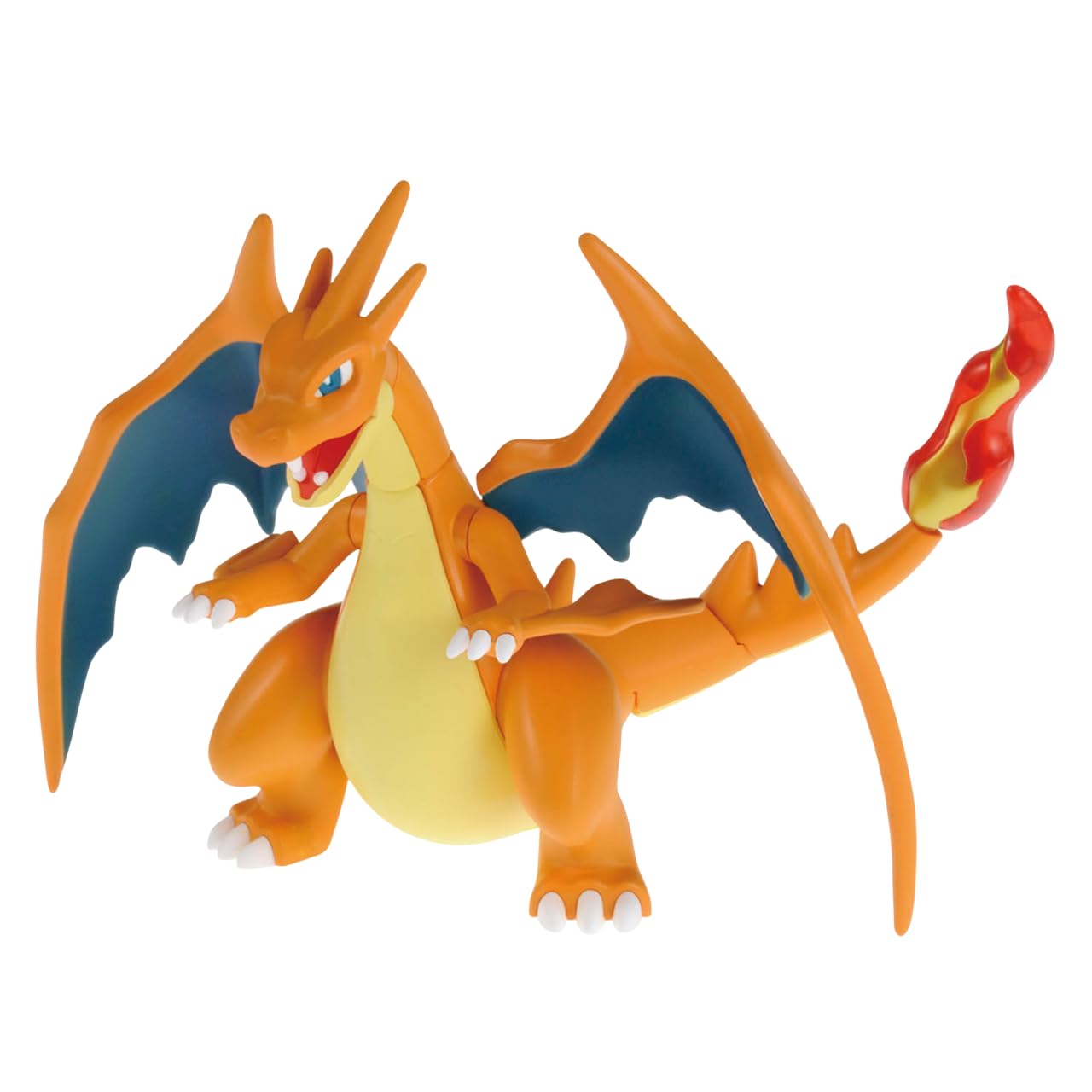 A Mega Charizard Y model kit, an orange dragon with blue wings and a yellow belly, stands on a white background with its fiery tail curled