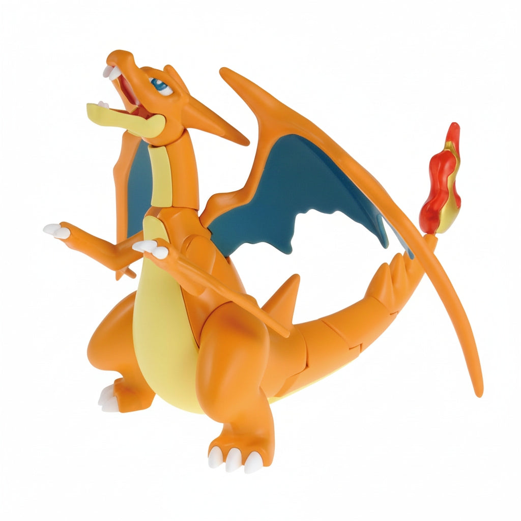 An orange Pokemon Model Kit Mega Charizard Y figure with blue wings, yellow belly, white claws, and a flaming tail stands with its mouth open
