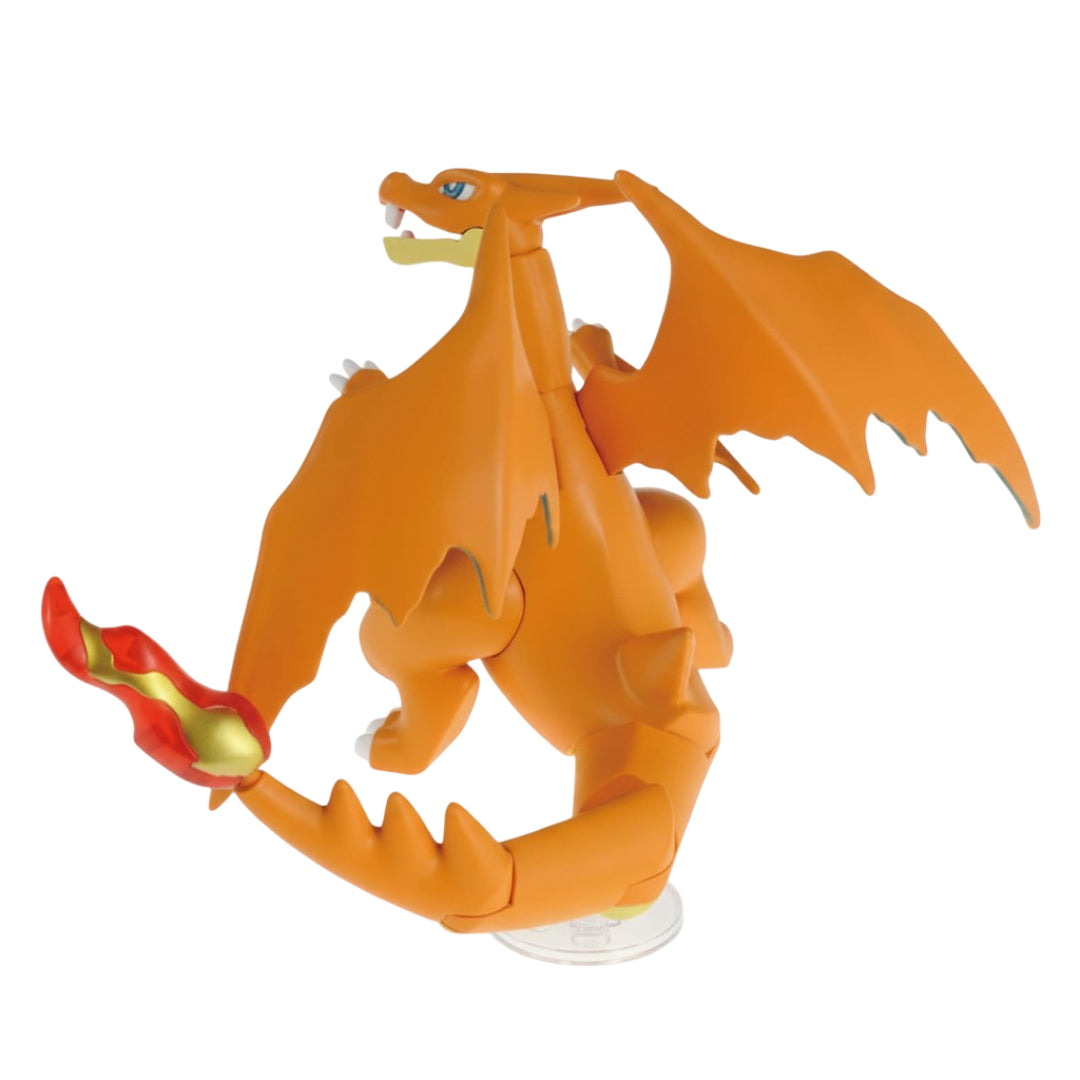 An orange Pokemon Model Kit Mega Charizard Y figure with large wings and a fiery tail stands on a clear base against a white background