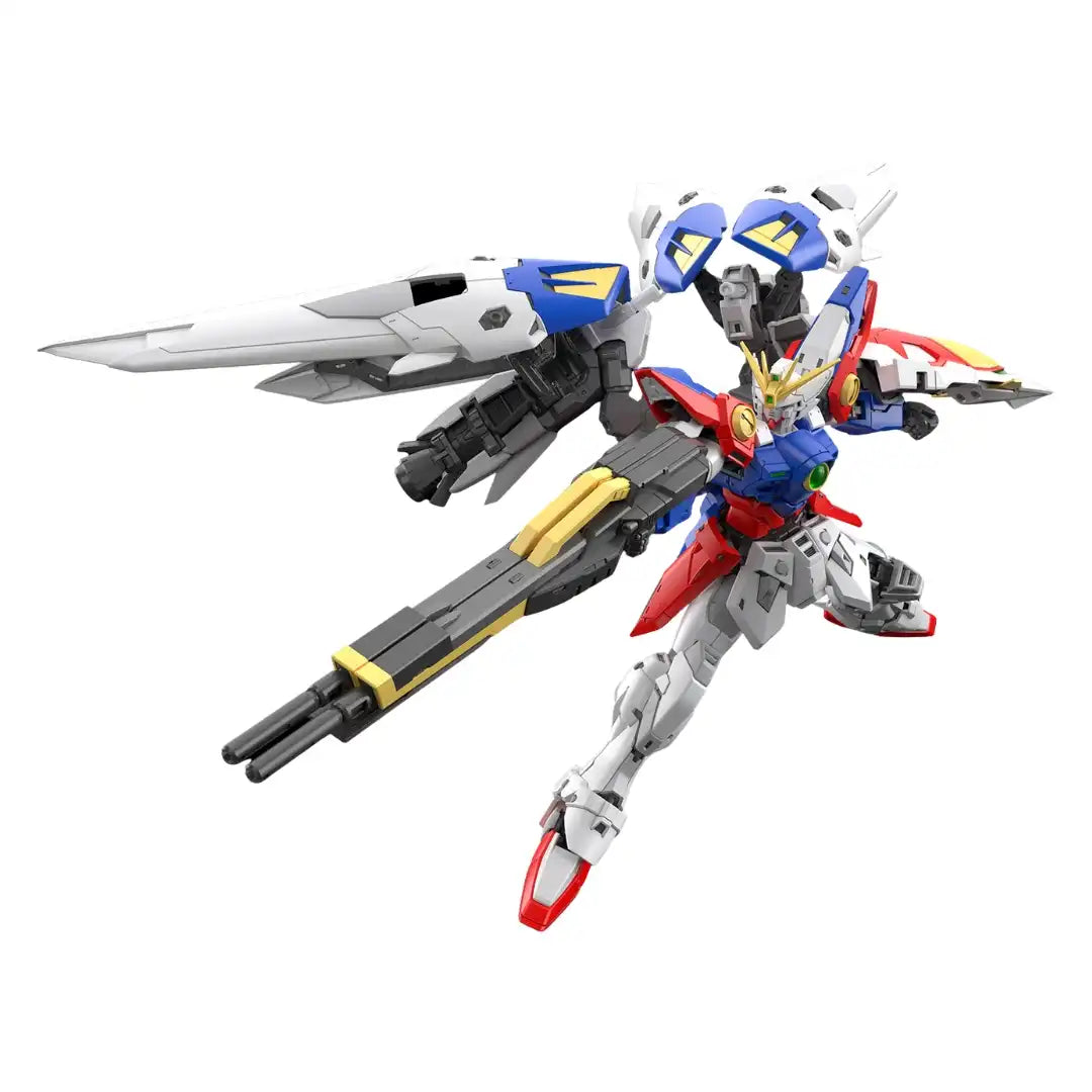RG 1/144 Wing Gundam Zero kit soaring with its articulated white wings deployed while aiming the large Twin Buster Rifle