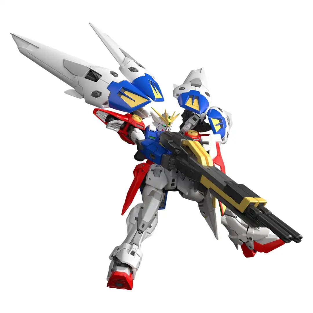 A meticulously rendered RG 1/144 Wing Gundam Zero with detailed wing segments is captured mid-action, powerfully gripping its twin buster rifle on a clean white background
