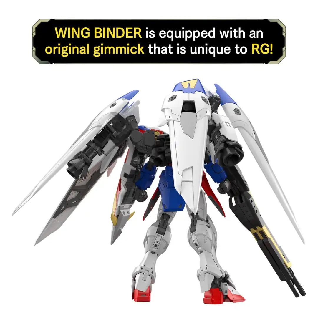 Rear angle render of the RG 1/144 Wing Gundam Zero model kit emphasizing the massive white articulated wing binders and unique RG gimmick