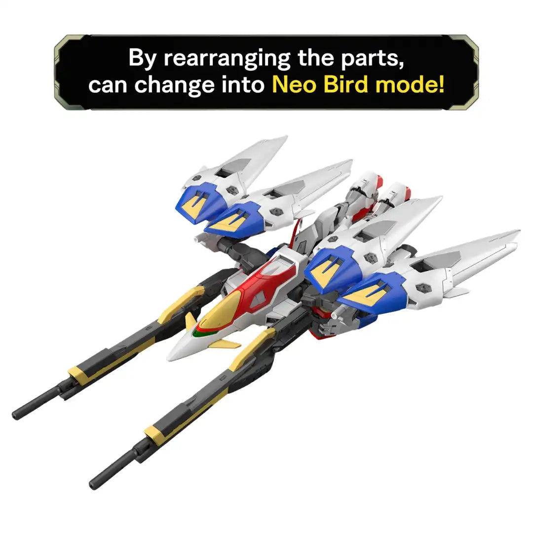 The assembled RG 1/144 Wing Gundam Zero model kit is shown in its distinct white and blue Neo Bird flight mode with long extended rifles