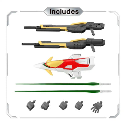 Included accessories for the RG Wing Gundam Zero featuring twin Buster Rifles, the flight mode piece, two beam sabers, and five grey hands