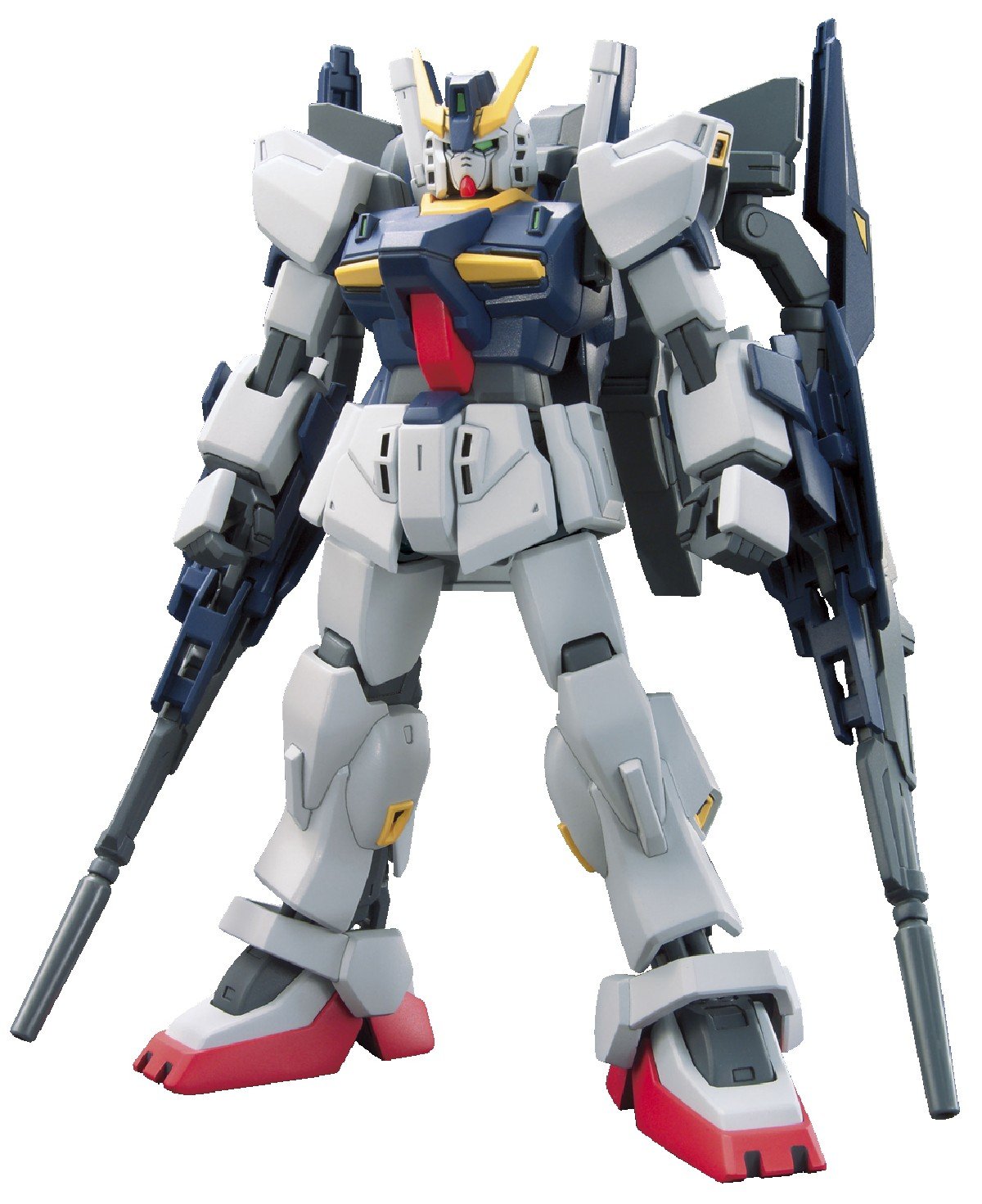 High Grade Build Gundam Mk-II figure displayed in white, navy, and red armor, posed standing while holding twin long rifles