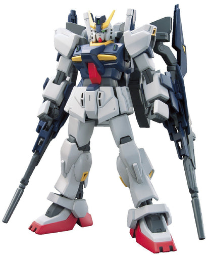 High Grade Build Gundam Mk-II figure displayed in white, navy, and red armor, posed standing while holding twin long rifles