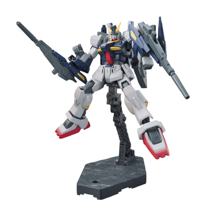 The grey and blue HGBF 1/144 Build Gundam Mk-II kit is posed dynamically on a black display stand holding a large beam rifle and shield
