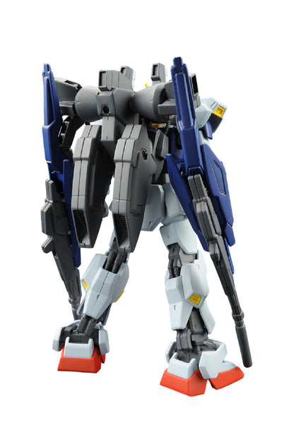 A detailed rear shot of the HGBF 1/144 Build Gundam Mk-II figure highlighting the dark grey backpack, bulky leg armor, and blue shields against a pure white background