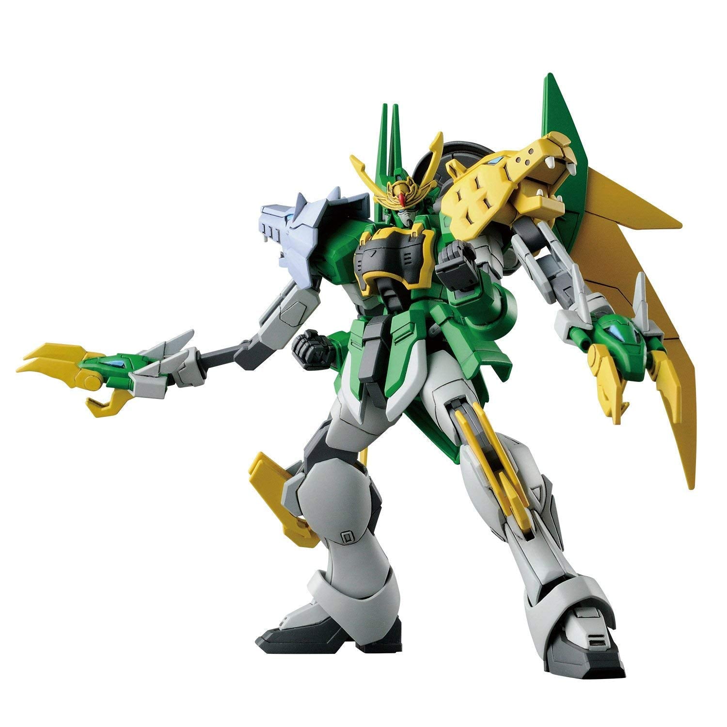 Action pose of the HG Gundam Jiyan Altron model kit showing its bright green and yellow armor twin head spikes and aggressive claw weapons held out