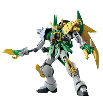 Action pose of the HG Gundam Jiyan Altron model kit showing its bright green and yellow armor twin head spikes and aggressive claw weapons held out