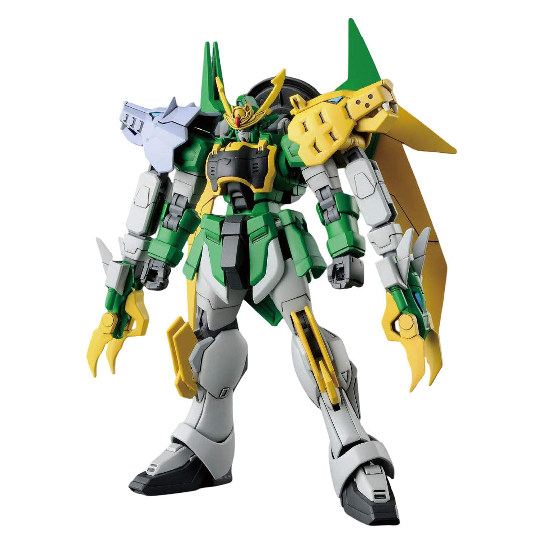 The completed High Grade 1/144 Gundam Jiyan Altron model kit displayed in a battle stance, showcasing its green and grey armor with yellow dragon fangs and large shoulder details