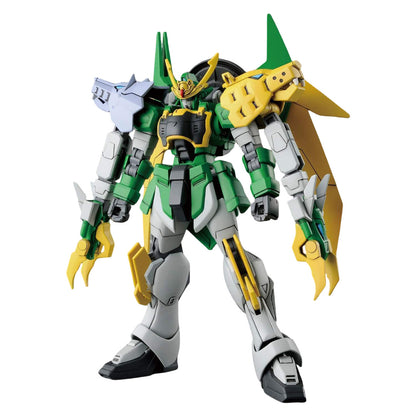 The completed High Grade 1/144 Gundam Jiyan Altron model kit displayed in a battle stance, showcasing its green and grey armor with yellow dragon fangs and large shoulder details