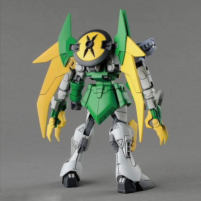 Back view of the green and grey HG 1/144 Gundam Jiyan Altron plastic model highlighting its large yellow backpack and Dragon Fang armaments