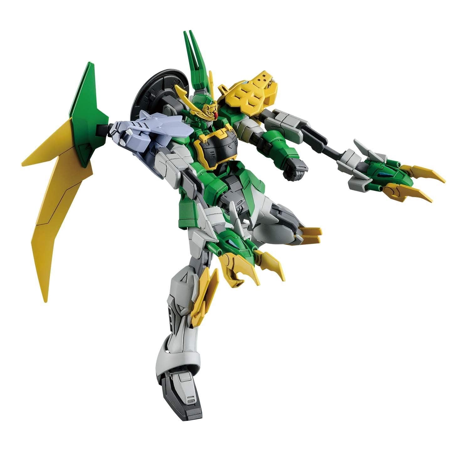 Green and yellow HG 1/144 Gundam Jiyan Altron model kit striking a dynamic action pose with extending claw weapons