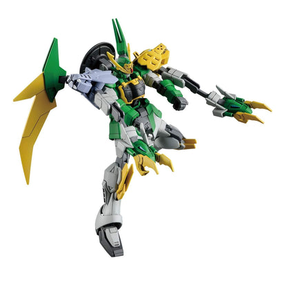 Green and yellow HG 1/144 Gundam Jiyan Altron model kit striking a dynamic action pose with extending claw weapons