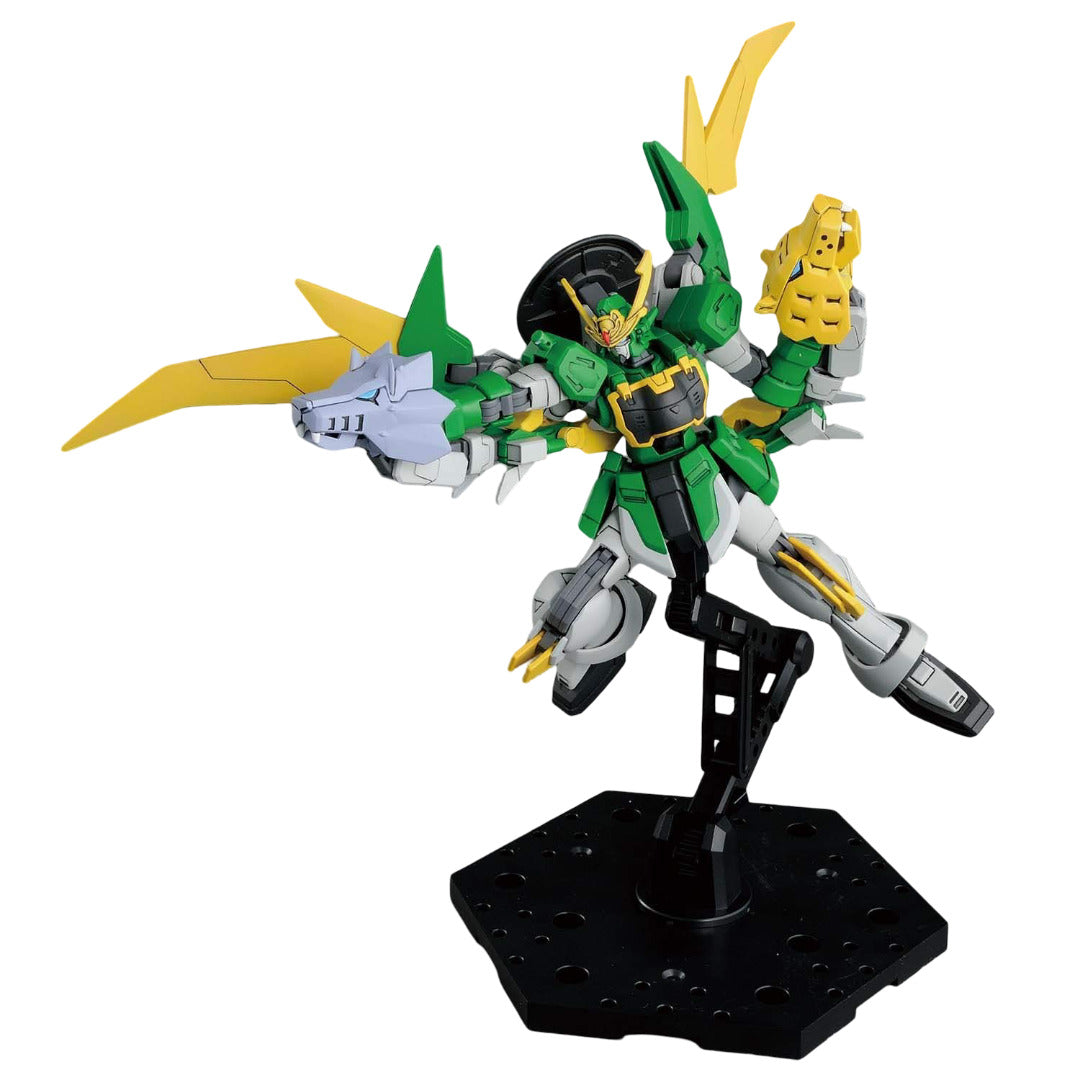 The HG Gundam Jiyan Altron model kit coloured green and yellow is displayed mid-action on a stand showcasing its left arm dragon fang and striking pose