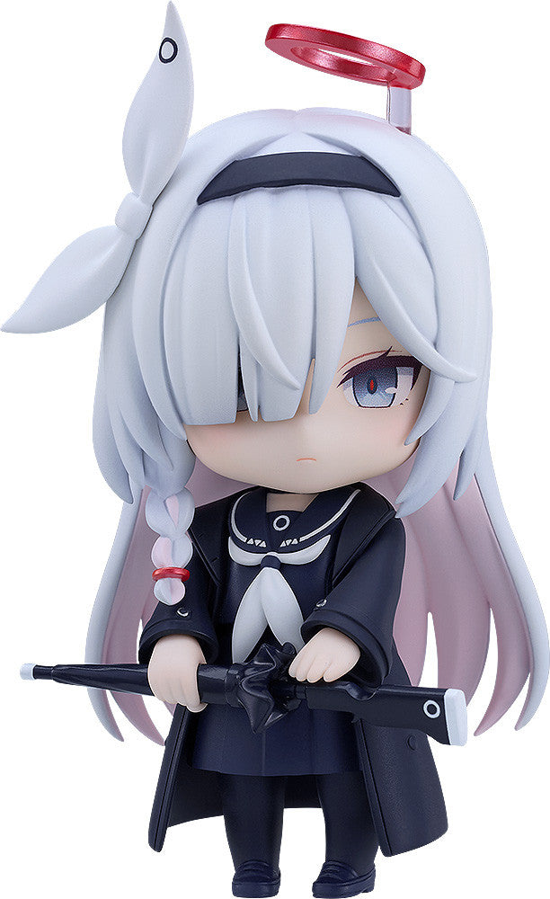 Blue Archive Plana Nendoroid figure with white hair and black dress holding a rifle