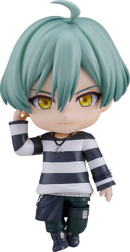 Front view of Haruka Isumi Nendoroid holding a white fan, smiling confidently
