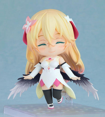 Why Does Nobody Remember Me In This World Nendoroid Rinne a small blonde figure with pink flower hair accessories white dress black tights and feathered wings