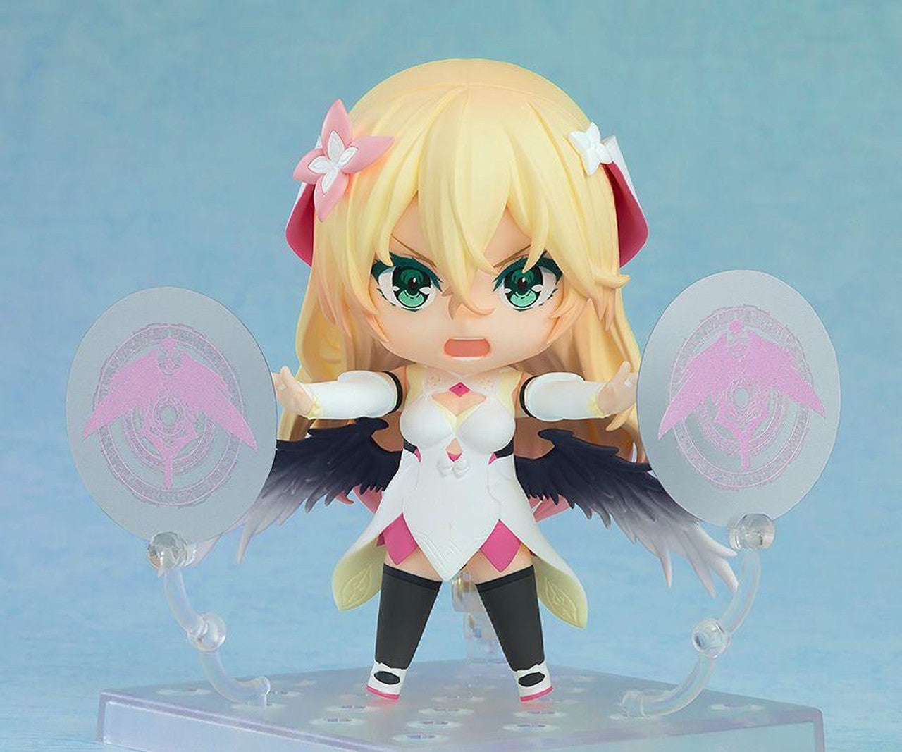 Nendoroid Rinne from Why Does Nobody Remember Me in This World with black feathery wings and two translucent circular shields with pink bird designs