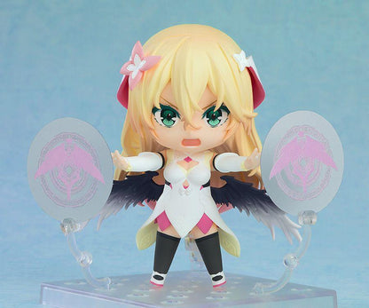 Nendoroid Rinne from Why Does Nobody Remember Me in This World with black feathery wings and two translucent circular shields with pink bird designs