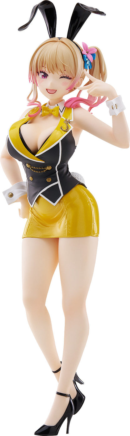 Blonde anime character winking in black & yellow bunny suit, making a V-sign, with bunny ears and heels