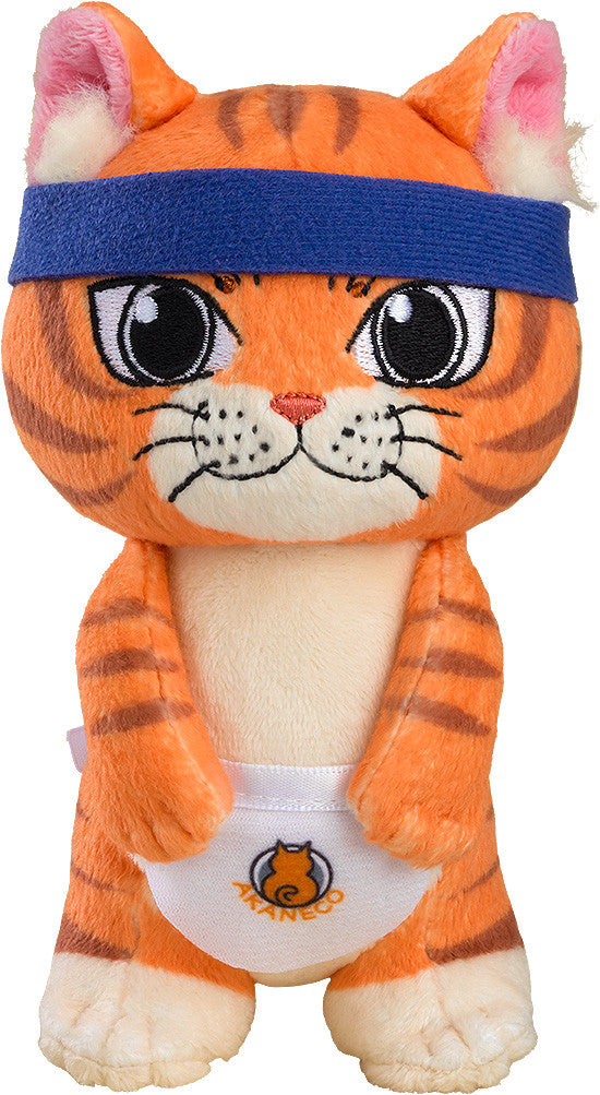Standing orange tabby cat plush toy wearing a blue headband and white diaper