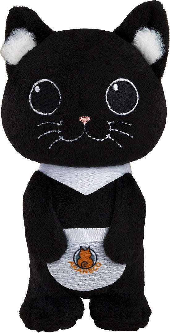 A black plush cat with white ears, large eyes, collar, and an apron featuring an orange cat logo