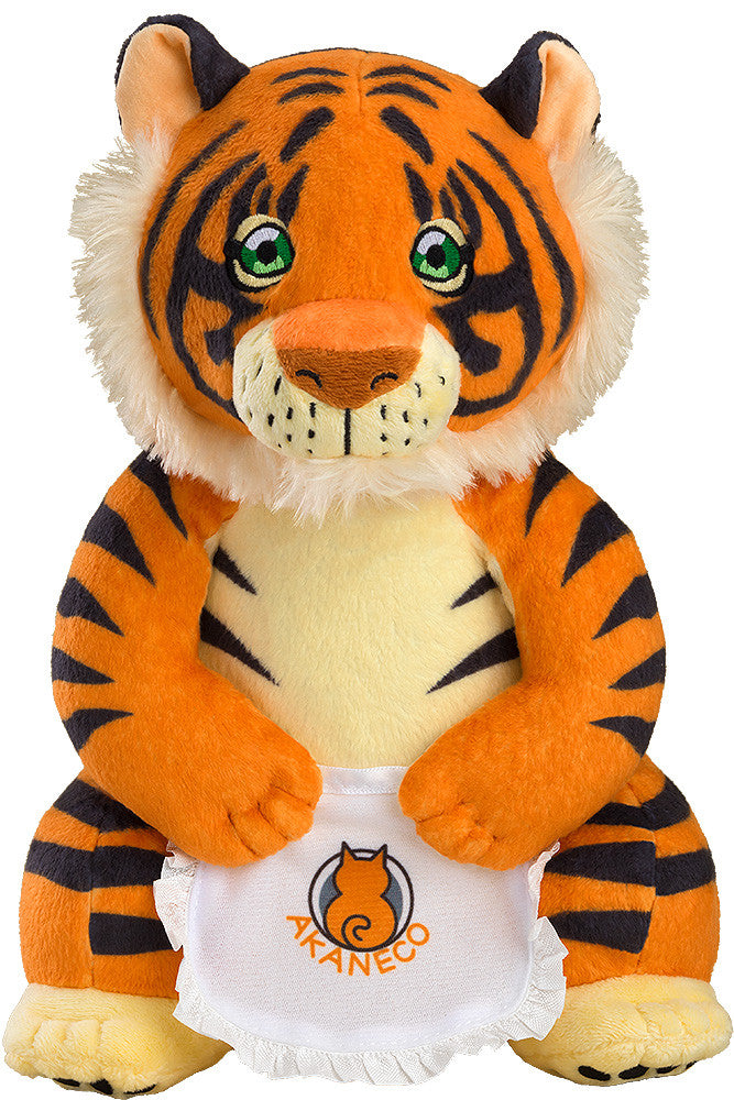 Orange and black striped tiger plush toy with green eyes, wearing a white bib featuring a cat logo and 'AKANECO'