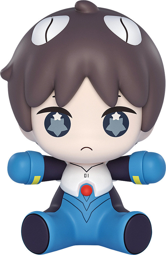 A chibi Shinji Ikari figure from Evangelion, wearing a blue and white plugsuit with '01' on the chest, sitting