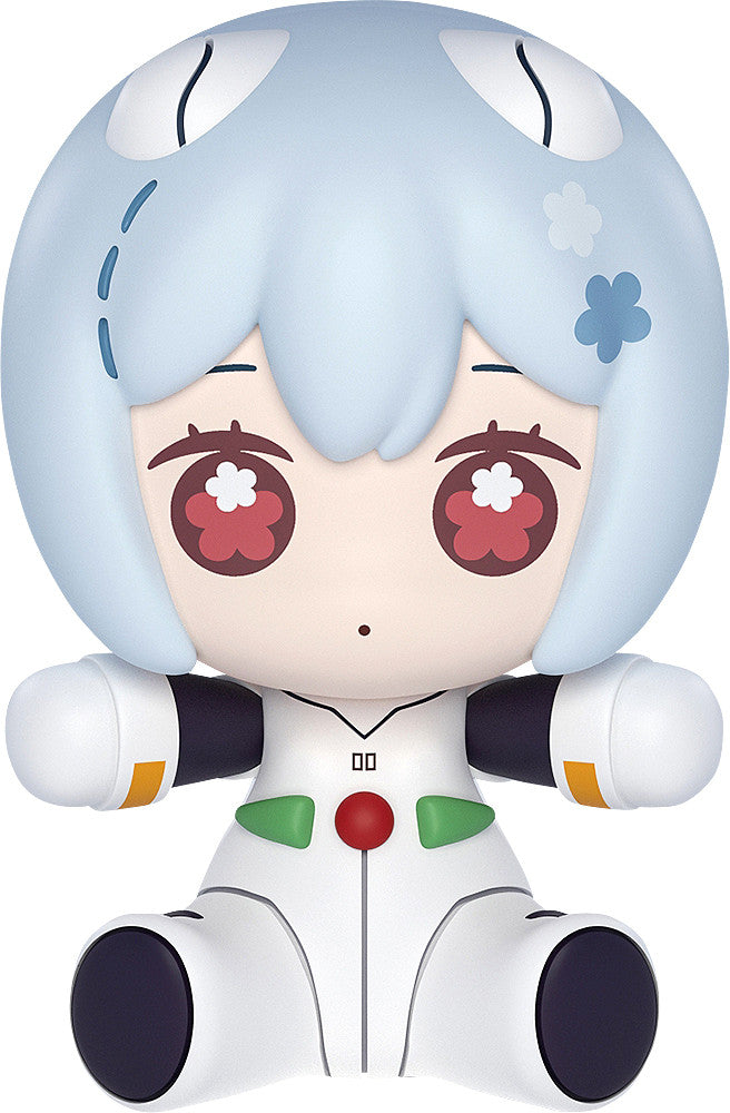 Chibi Rei Ayanami figure sitting. Light blue hair, red flower-pupil eyes, white plugsuit with green/red accents