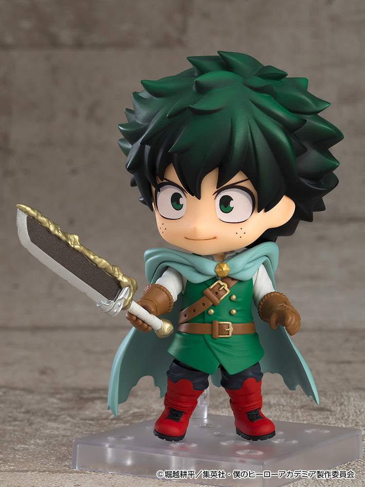 Close-up of Nendoroid Izuku Midoriya Jikketsu Costume Version with serious expression and effect parts