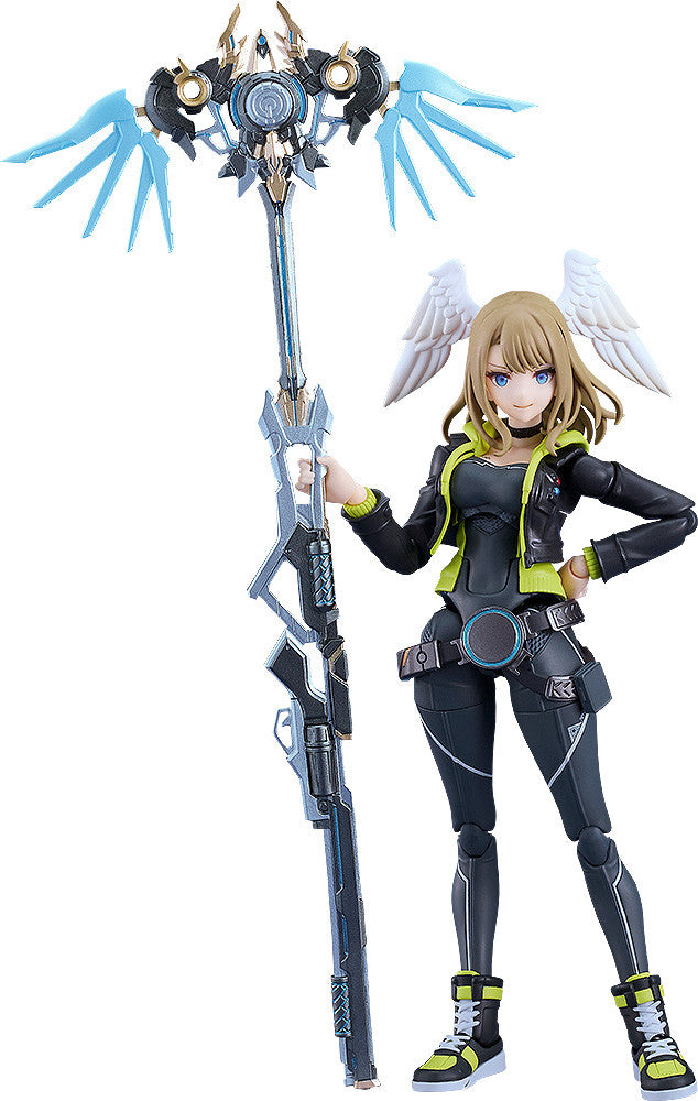 Blonde anime figure with head wings, in a black and neon outfit, holding a large futuristic weapon with blue wings
