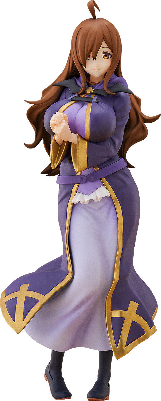 The Good Smile Company KonoSuba 3 Pop Up Parade L Size Wiz figure depicts her with long brown hair and a gentle smile, wearing a flowing purple robe with gold trim and hands clasped