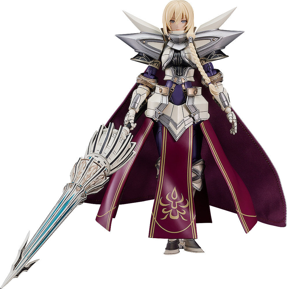 Female knight figure in silver armor, dark purple cape/skirt, holding a large ornate spear with a blue blade