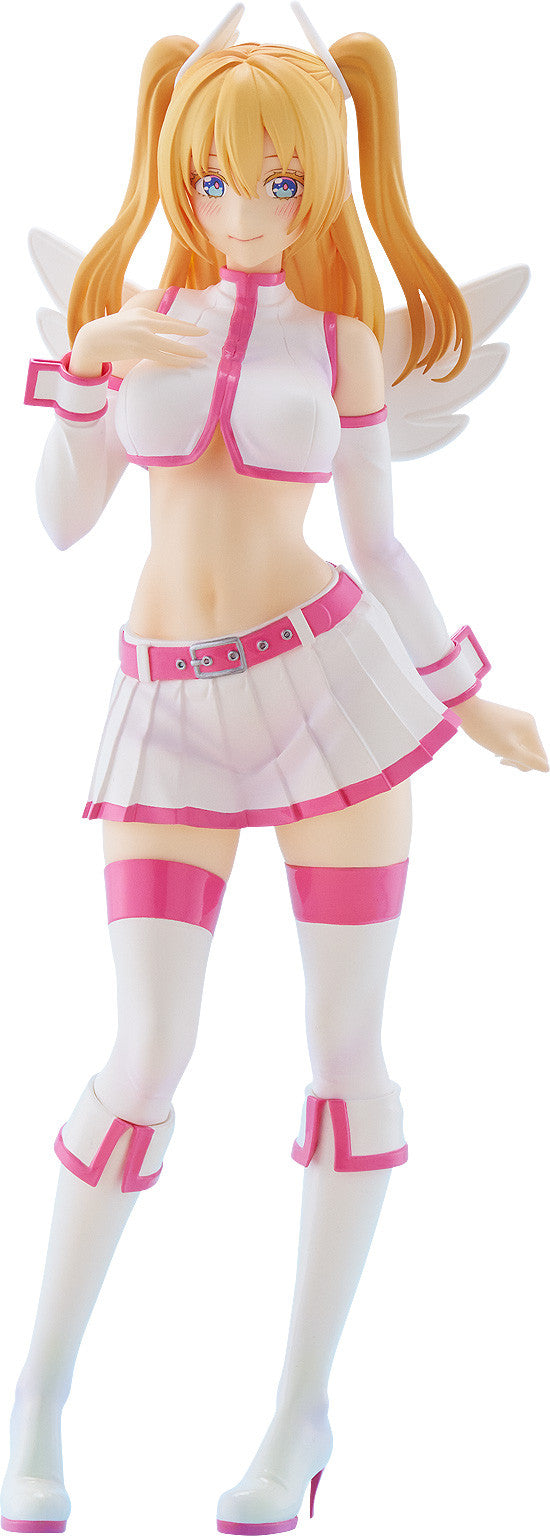 Smiling anime-style figurine of a blonde woman with white wings, in a pink & white crop top, pleated skirt, and boots