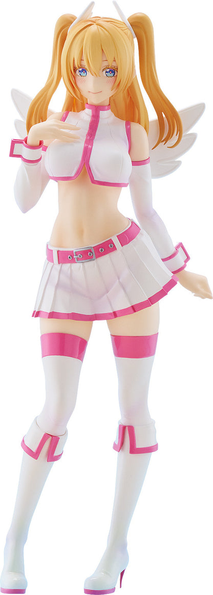 Smiling anime-style figurine of a blonde woman with white wings, in a pink & white crop top, pleated skirt, and boots