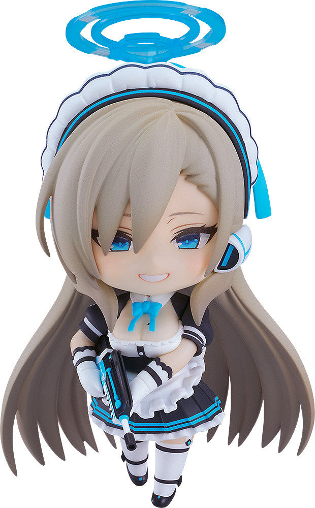 Smiling chibi figure with long brown hair in a black maid uniform, blue halo, holding a futuristic gun