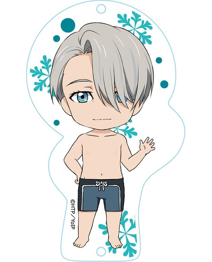 Chibi Victor Nikiforov in swim shorts, shirtless, waving, surrounded by blue snowflakes