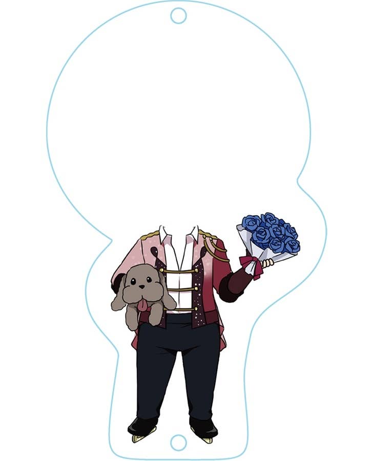 Anime body in an ornate skating uniform, holding a plush dog and a bouquet of blue roses