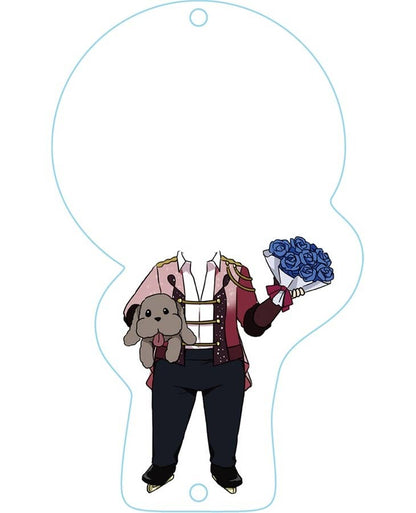 Anime body in an ornate skating uniform, holding a plush dog and a bouquet of blue roses
