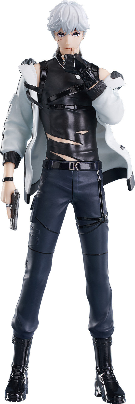 Qiluo Zhou POP UP PARADE figure in black outfit holding a pistol in white background
