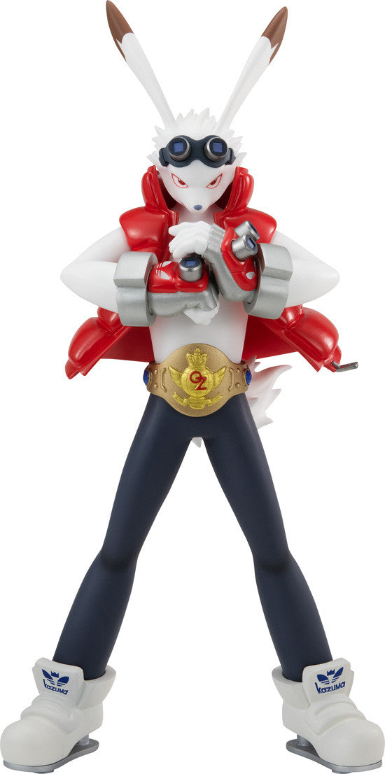 Summer Wars Pop Up Parade King Kazma figure in dynamic pose wearing red coat goggles and gold belt with white rabbit features