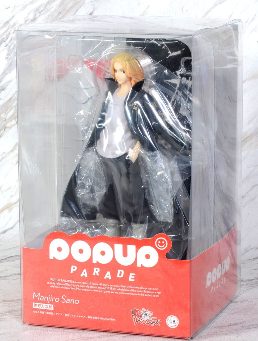 Tokyo Revengers POP UP PARADE Manjiro Sano figure in clear plastic box showing the character in his black coat and white shirt