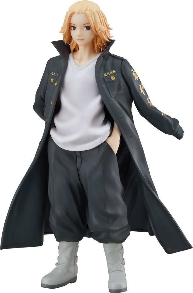 Tokyo Revengers Pop Up Parade Manjiro Sano figure wearing a long black trench coat with gold Japanese lettering over a white shirt