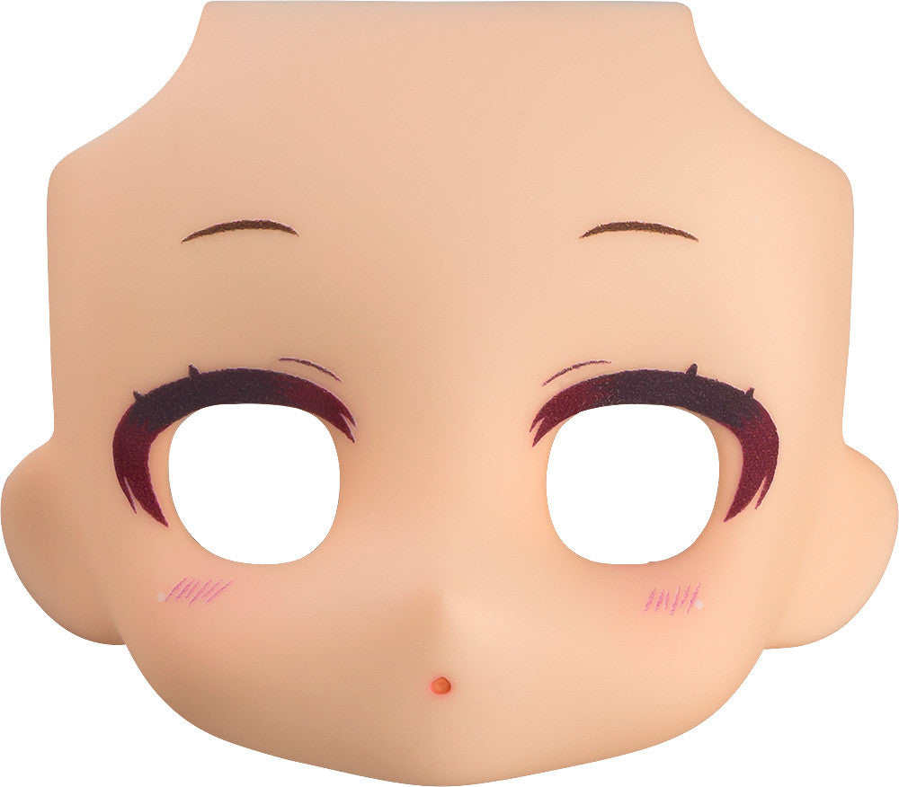 Nendoroid Doll Peach face plate with narrowed eyes and subtle makeup, front view