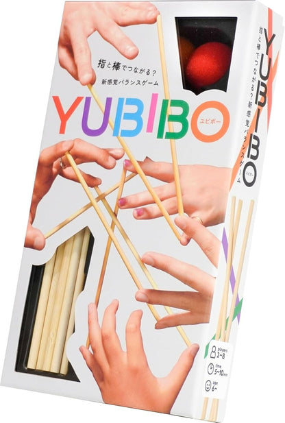Yubibo balance game box showing hands holding wooden sticks red balls and game components Ideal for 2-8 players 5-10 min ages 6