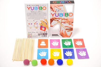 Yubibo balance game set with 2-8 players 5-10 minute play time for ages 6 Includes box wooden sticks six colored soft balls and various hand cards