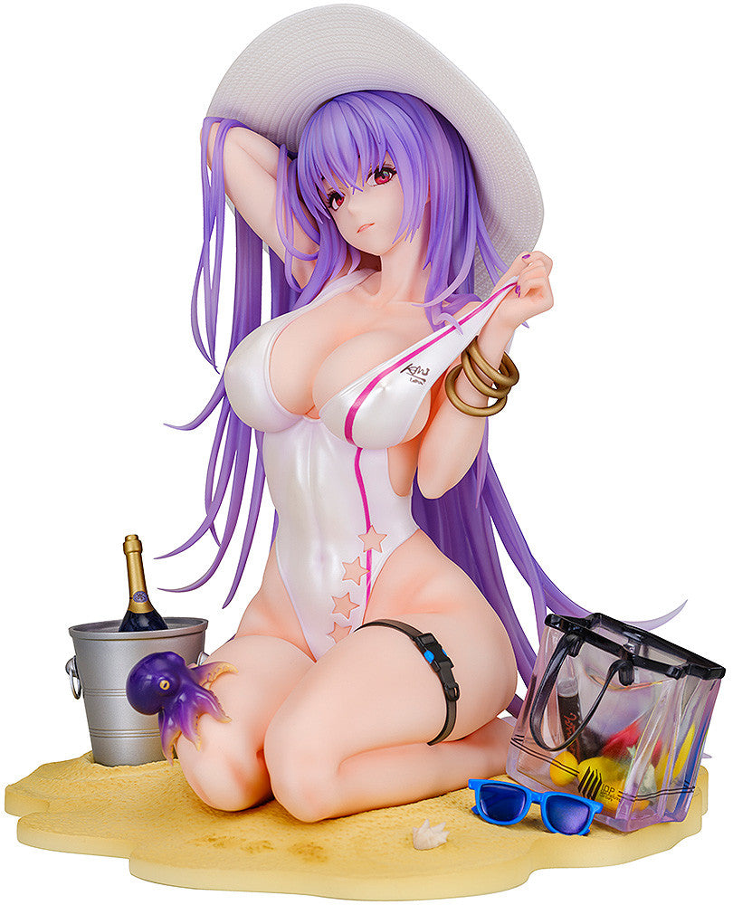 Anime figure of a woman in a white swimsuit and sun hat on a beach with accessories
